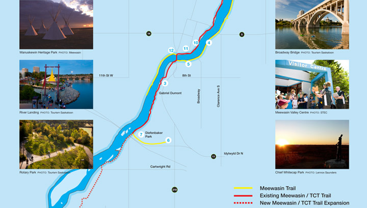A map showing part of the planned expansion planned for Meewasin Trail in Saskatoon.