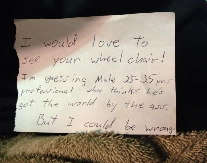 Man with disability finds angry note left on his car parked in handicapped spot.