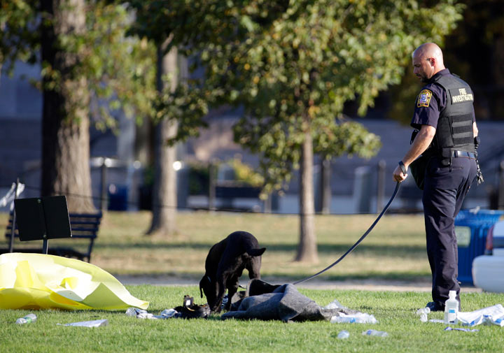 A fire investigator and K-9 dog investigate the scene on the National Mall in Washington, where, according to a fire official, a man set himself on fire Friday, Oct. 4, 2013. The official said the man was flown by helicopter to a hospital. (AP Photo/Alex Brandon).
