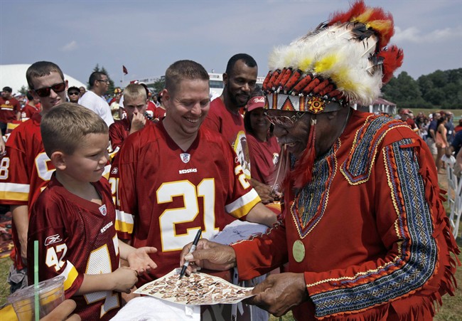 In this Saturday, Aug. 4, 2012 file photo, Zena "Chief Z" Williams signs autographs during fan appreciation day at the Washington Redskins' NFL football training camp at Redskins Park in Ashburn, Va.