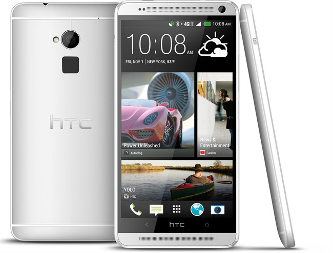 The new HTC One Max phone is seen in an undated photo provided by HTC Corp. The new HTC One Max will have one feature unavailable with the smaller models: a fingerprint identification sensor similar to that on Apple’s new iPhone 5S. It’s an optional way to unlock a phone without needing a four-digit passcode. 