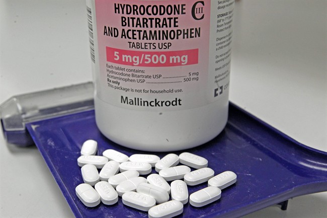  In this Feb. 19, 2013 file photo, hydrocodone bitartrate and acetaminophen pills, also known as Vicodin, are arranged for a photo at a pharmacy in Montpelier, Vt. 