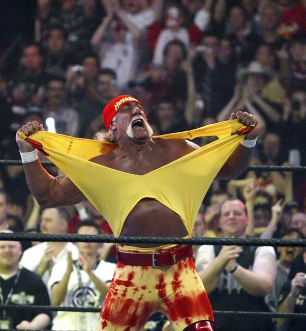 In this April 3, 2005, file photo, Hulk Hogan fires up the crowd between matches during WrestleMania 21 at the Staples Center in Los Angeles