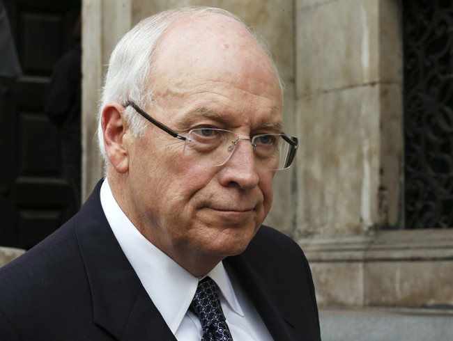 In this April 17, 2013 file photo, former U.S. Vice President Dick Cheney leaves after attending the funeral service of former British Prime Minister Margaret Thatcher at St. Paul's Cathedral, in London. 