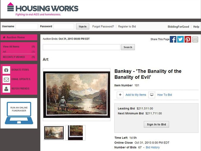 This Wednesday, Oct. 30, 2013 screen shot, made with permission from Housing Works, shows their website featuring a auction for a painting which includes an addition to the scene by the secretive British graffiti artist Banksy. 