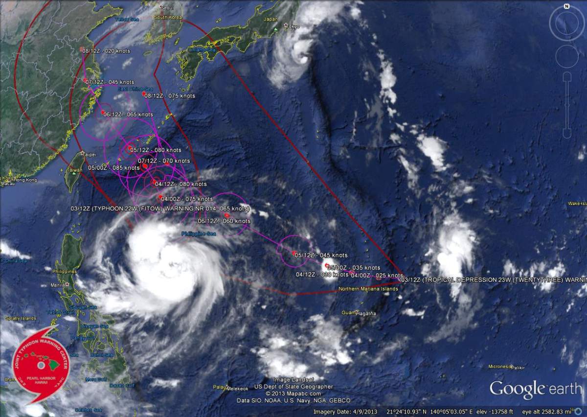 A Google map showing the path of both Fitow and 23W. The red cones show the possible track the storms may take.