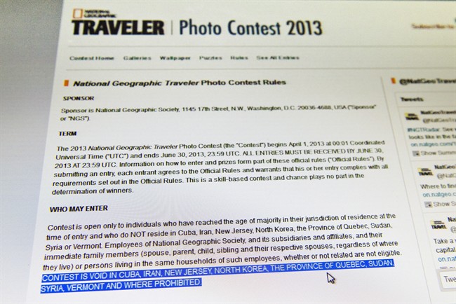 The rules of the National Geographic Traveler photo contest are seen on the magazine's web site Thursday, October 10, 2013 in Montreal. 