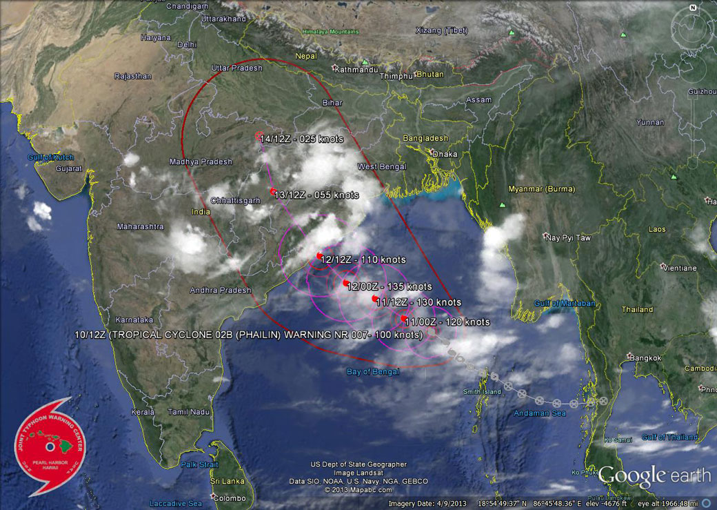 The predicted path of Tropical Cyclone Phailin