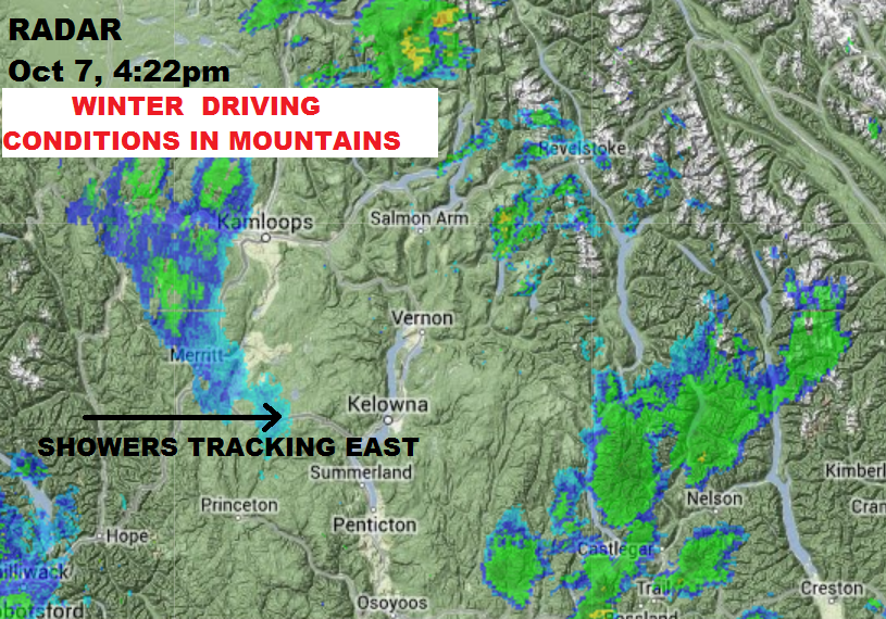 Back to cool, breezy and showery fall conditions this evening…The increasing cloud today is ahead of evening showers that will linger into Tuesday Morning. Higher elevation mountain passes will see accumulating snow tonight with the possibility of up to 8cm on the Pennask Summit. Other summits at slightly lower elevations will still receive wet snow, but accumulations shouldn’t be as significant. Regardless, be prepared for winter driving conditions if travelling through the mountains.