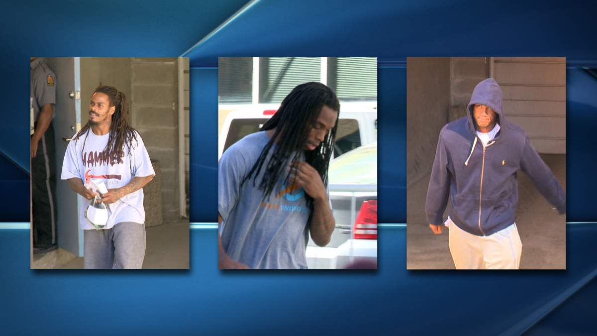 Dwight Anderson (left), Taj Smith (centre) and Eron Riley (right) are seen leaving Regina provincial court. 