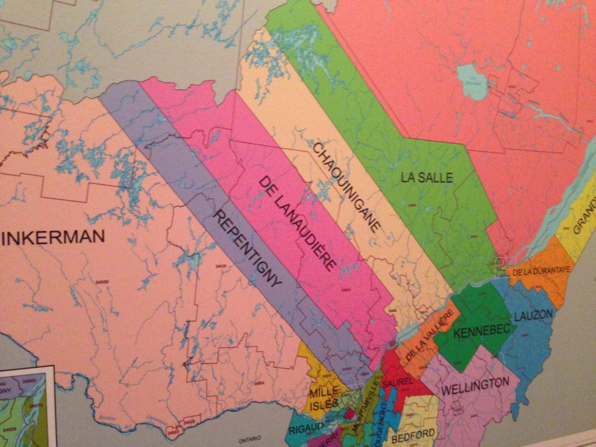 A coloured map in Conservative Sen. Judith Seidman’s office shows the Quebec Senate districts as defined in 1859. Laura Stone/Global News