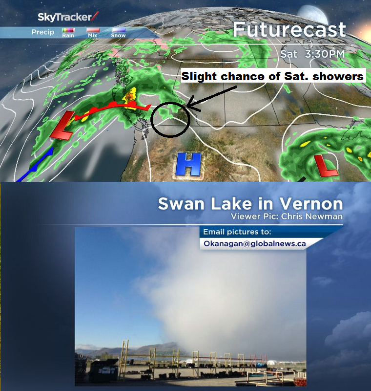 Yay its Friday!! Hope you were able to enjoy the sunshine today! Overall not a bad weekend ahead – temperatures will be in the mid teens this weekend. A frontal system moving southeast across BC will bring us more cloud overnight and tomorrow but overall not a bad weekend for October. A ridge is still in place for the Southern half of BC so most of our broadcast region will stay dry – there is just a slight chance of a shower for the Shuswap and North Okanagan on Saturday and we will see a mix of sun and cloud for most regions on Sunday. Thanks to Chris for sending us one of our viewer pics tonight – cool fog shot from this morning.  Join us at 5pm, 6:30pm and 11pm!Have a great weekend.~Wesla / Duane