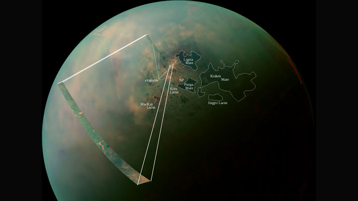 NASA's Cassini spacecraft collected data to create this false-colour mosaic detailing the differences in surface materials on Titan.