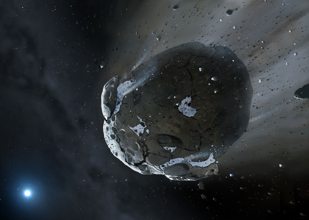 An artist/s impression of a rocky and water-rich asteroid being torn apart by the strong gravity of the white dwarf star GD 61. 