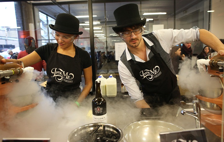 Workers at the Nitro Ice Cream stall make port and stilton ice cream. (Peter Macdiarmid/Getty Images)