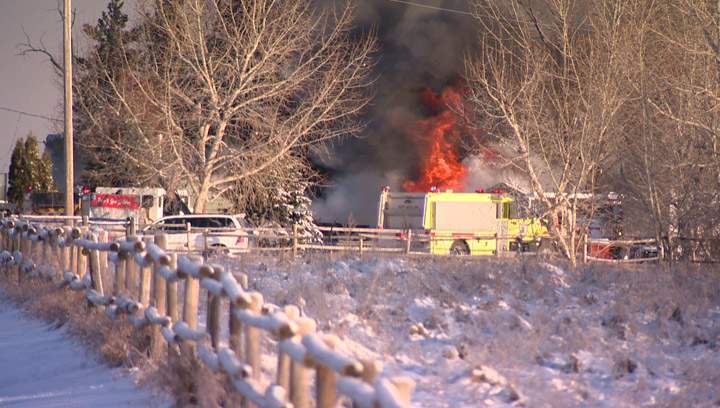 Saskatoon, Warman, Martensville firefighters battle two structure blaze north of Saskatoon.