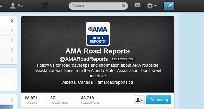 A screen capture of the AMA Road Reports twitter account.