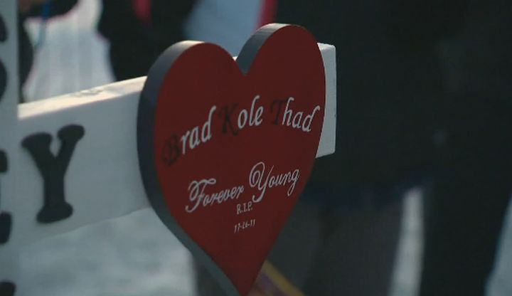 A cross was placed at the site of a deadly Beaumont collision Sunday, November 24, 2013.