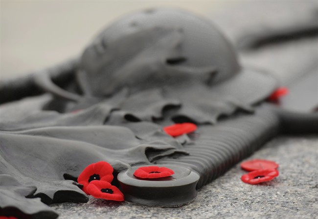 Poppies lie on the Tomb of the Unknown Soldier at the National War memorial on Friday, Nov.9, 2012. 