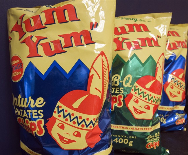 Vintage bags of Yum Yum potato chips are pictured Friday, November 15, 2013 in Montreal. The company is offering them over the holiday season again after changing the packaging during the 1990 Oka native crisis.
