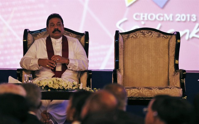Sri Lankan President Mahinda Rajapaksa attends the inaugural session of the commonwealth business forum in Colombo, Sri Lanka, Tuesday, Nov. 12, 2013. The forum was held parallel to the 22nd Commonwealth heads of government meeting(CHOGM) scheduled to be held from Nov. 15 to 17 in Colombo. 