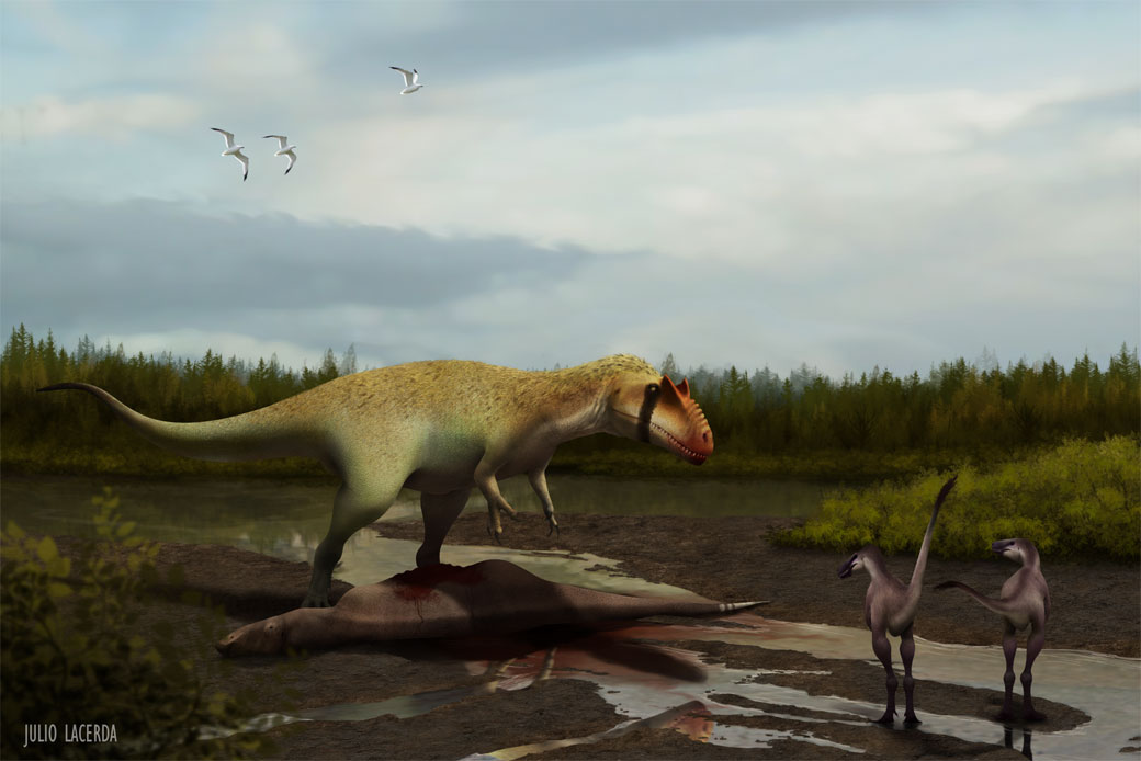 The Siats eating an Eolambia and intimidating early, small-bodied tyrannosauroids. (Lindsay Zanno; artist, Julio Lacerda)