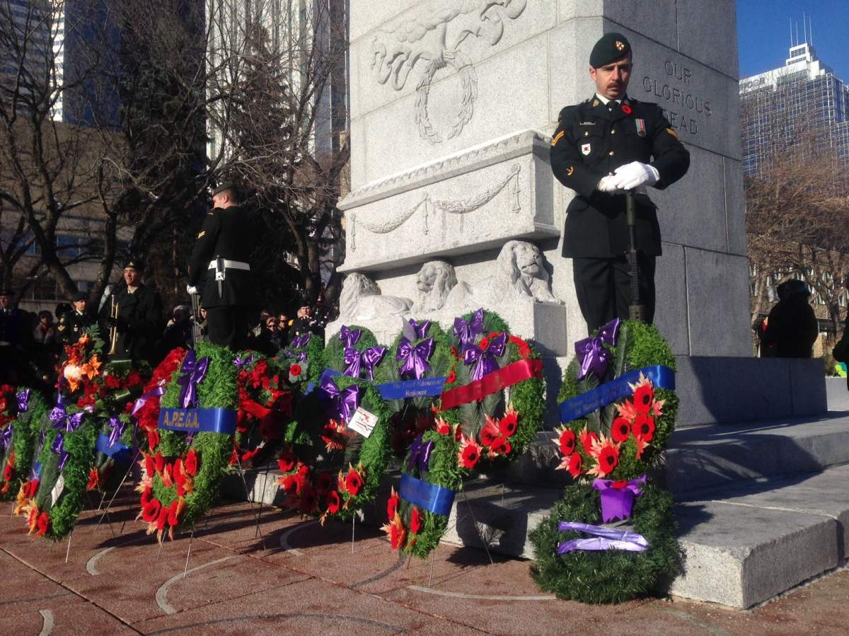 Remembrance Day Ceremony at cenotaph outside Edmonton's City Hall.