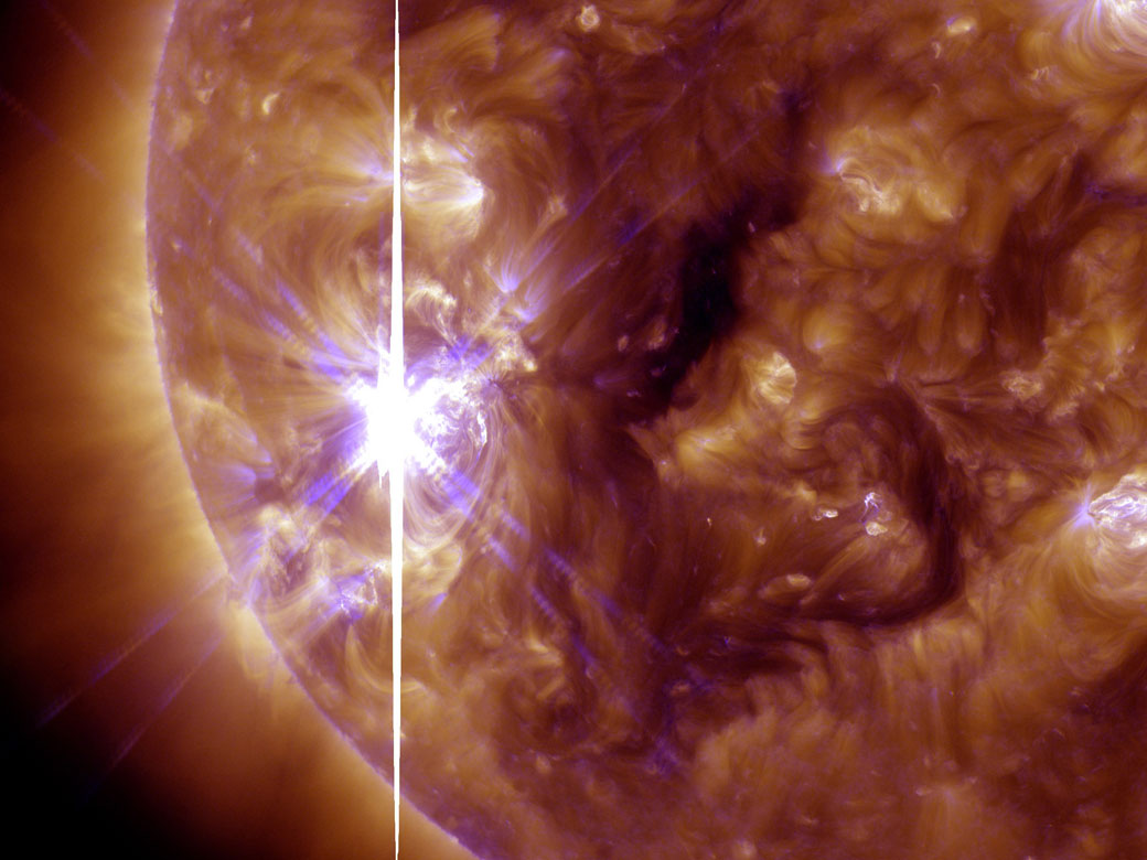 NASA’s Solar Dynamics Observer captured this image of an X3.3-class solar flare that peaked at 5:12 p.m. EST on Nov. 5, 2013 .