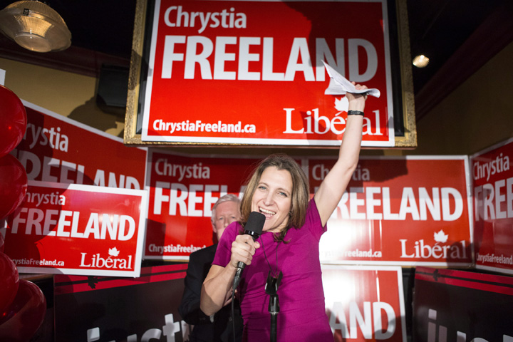 Liberal Candidate Chrystia Freeland (right) stands with Bob Rae as she celebrates after winning the Toronto Centre Federal byelection in Toronto on Monday November 25, 2013 .THE CANADIAN PRESS/Chris Young.