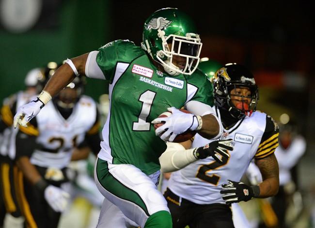Sheets ran for a Grey Cup-record 197 yards and two touchdowns to help the Saskatchewan Roughriders beat the Hamilton Tiger-Cats 45-23 Sunday.
