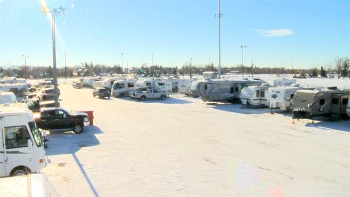 RVs have taken over one of the parking lots at Evraz Place.