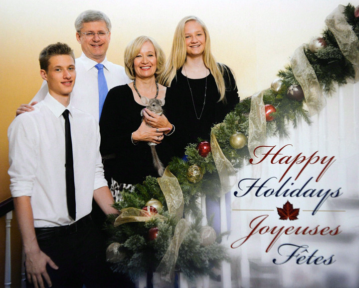 Prime Minister Stephen Harper is pictured with his son Ben, wife Laureen and daughter Rachel on their 2013 holiday card seen in Ottawa on Wednesday, Nov. 20, 2013. THE CANADIAN PRESS/Sean Kilpatrick.