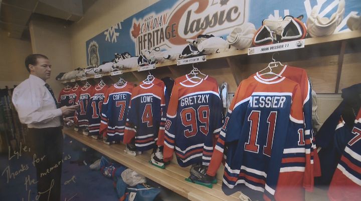 A picture of the Heritage Classic alumni jerseys hangs at Rexall Place in Edmonton.