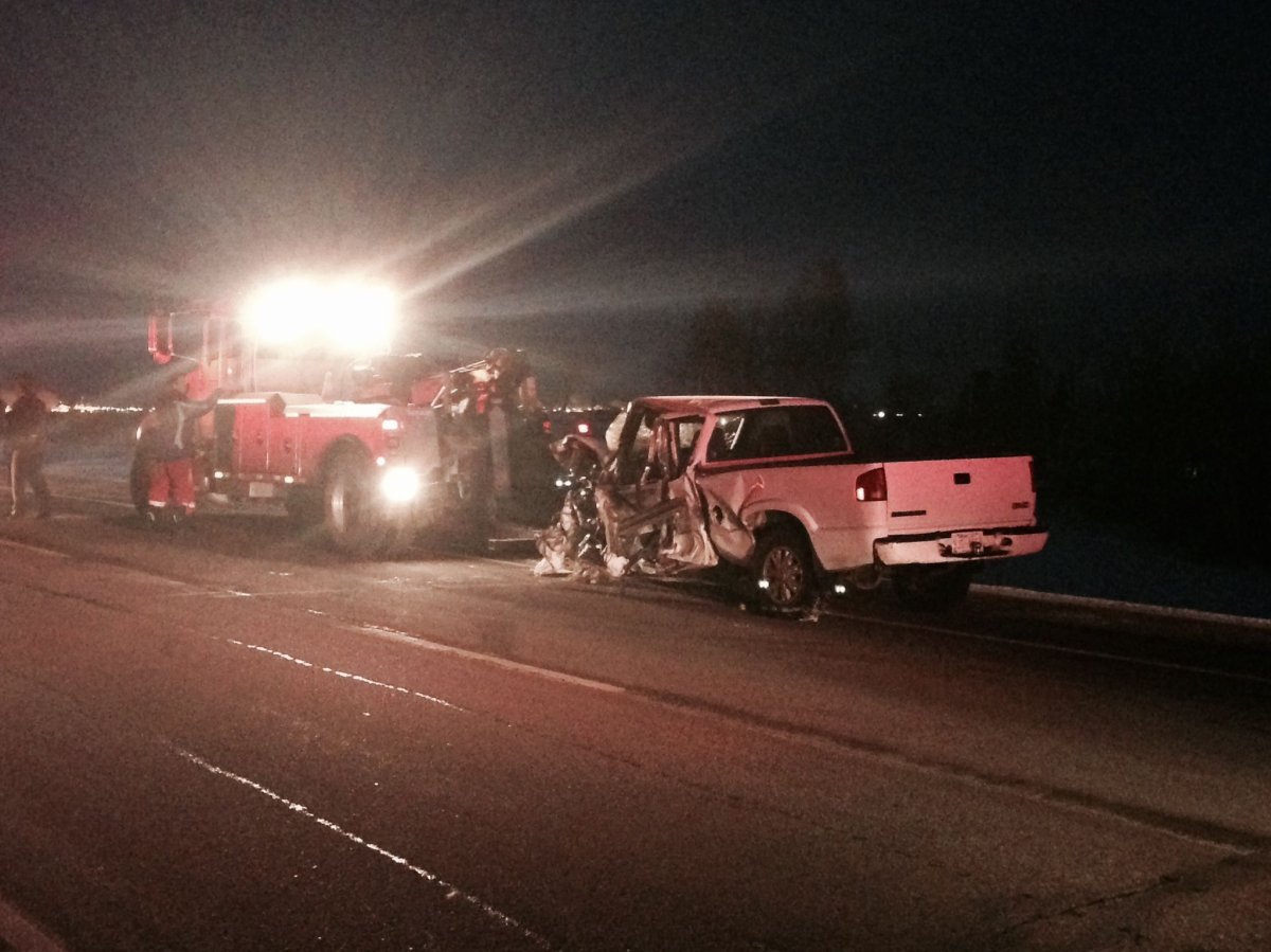 A truck driver was taken to hospital after a crash on Highway 15, north of Edmonton, Monday, November 25, 2013. 