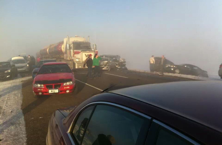 Foggy conditions may be cause of multi-vehicle crash on Highway 16 near Maymont, Sask. that has blocked the westbound lanes.