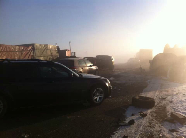 Foggy conditions may be cause of multi-vehicle crash on Highway 16 near Maymont, Sask. that blocked lanes Saturday.