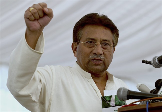 FILE -- In this Monday, April 15, 2013 file photo, Pakistan's former President and military ruler Pervez Musharraf addresses his party supporters at his house in Islamabad, Pakistan.