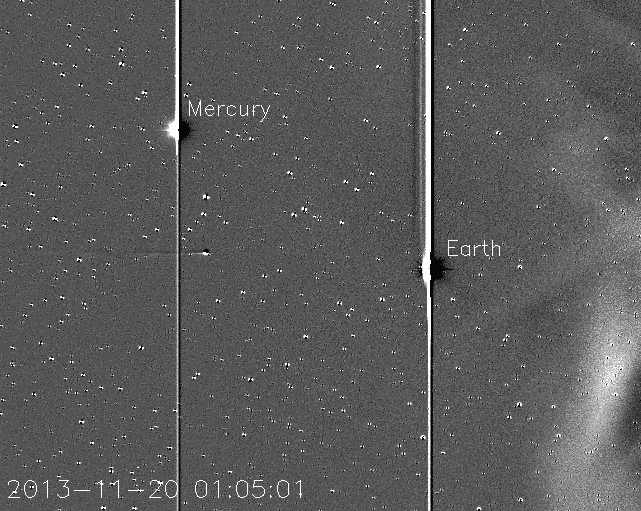 A movie from NASA's STEREO spacecraft 
Comet ISON, Mercury, Comet Encke and Earth over a two day period from Nov. 20 to Nov. 22, 2013. 