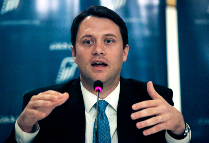 FILE - Senator from Georgia Senate, Jason Carter talks during a press conference for the Carter Center's election witnessing mission in Egypt, in Cairo, Egypt, in this June 19, 2012 file photo. Carter, the grandson of former President Jimmy Carter and a Democratic state senator from Atlanta, tells The Associated Press Thursday Nov. 7, 2013 he plans to run for governor of Georgia next year.