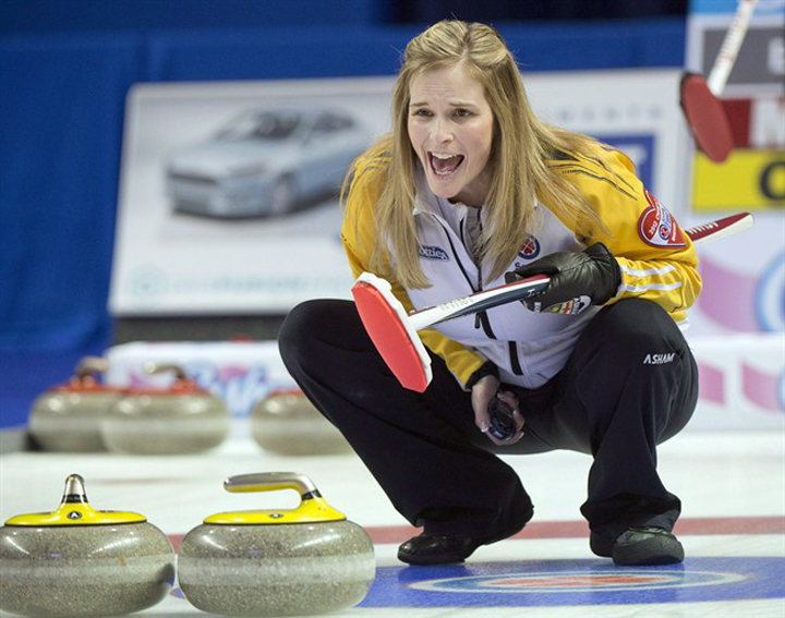 Manitoba skip Jennifer Jones calls a shot during gold medal curling action against Ontario at the Scotties Tournament of Hearts in Kingston, Ont., in February.