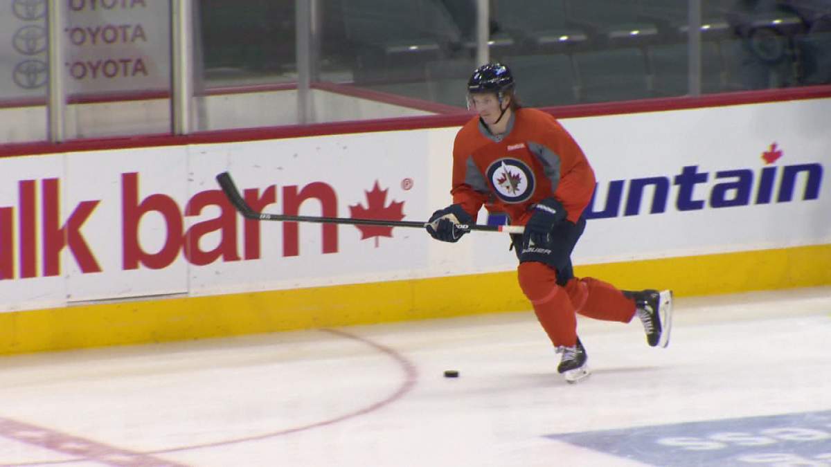 Winnipeg Jets defenceman Jacob Trouba practices in a non-contact jersey Monday morning.