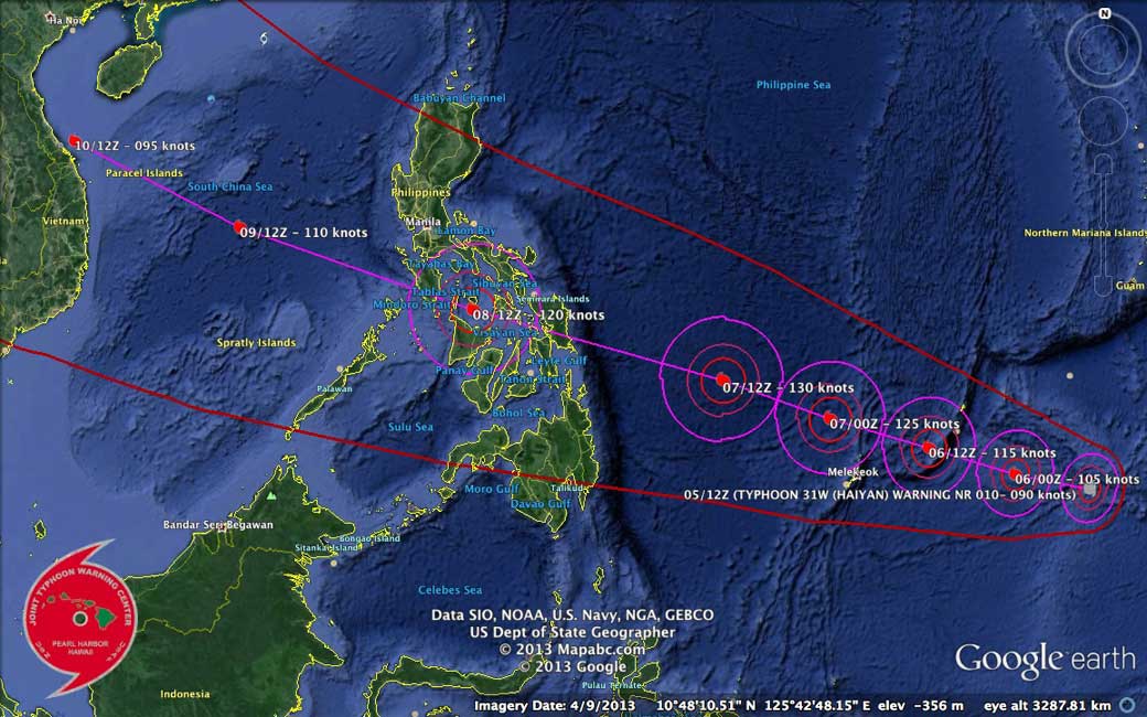 The path of Tropical Storm Haiyan which threatens the already storm-ravaged Philippines.