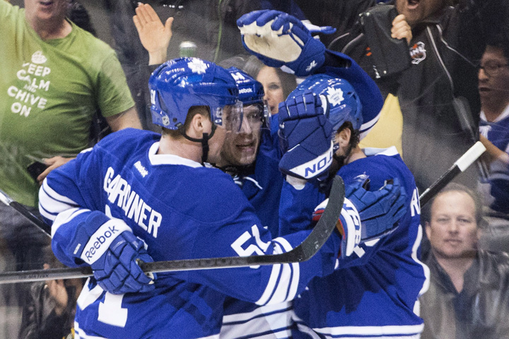 Toronto Maple Leafs' Nikolai Kulemin (centre) celebrates with Jake Gardiner (left) and Mason Raymond (right) after scoring his team's third goal against Buffalo Sabres during second period NHL hockey action in Toronto on Saturday November 16 , 2013.