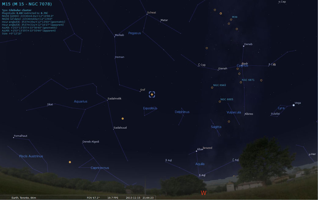 Location of Messier 15 in the night sky. The only way to see it is through a high-powered telescope. (Stellarium)