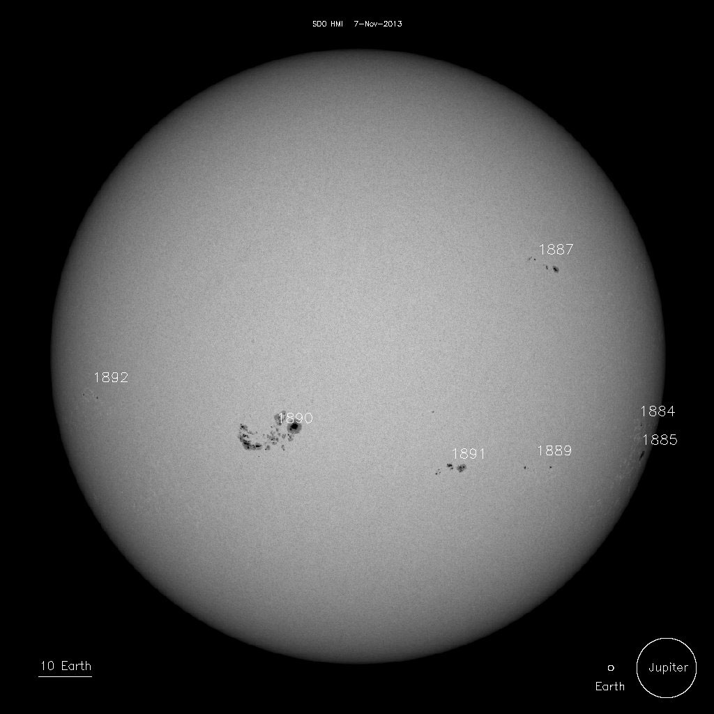 Sunspot AR1890, the largest on the sun, produced a powerful X-flare on Tuesday and is now turning toward Earth. (NASA/SOHO/SDO)