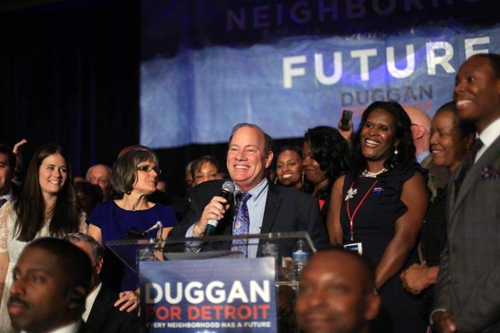 Detroit Mayor-elect Mike Duggan speaks to a crowd of supporters after being named the new mayor of the city of Detroit over Benny Napolean on Tuesday Nov. 5, 2013 at the Marriott Hotel in the Renaissance Center in downtown Detroit.  