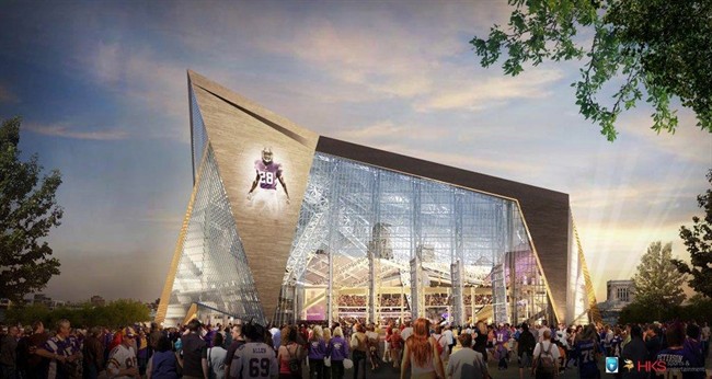 A rendering, above, of the new Minnesota Vikings stadium currently under construction in Minneapolis.