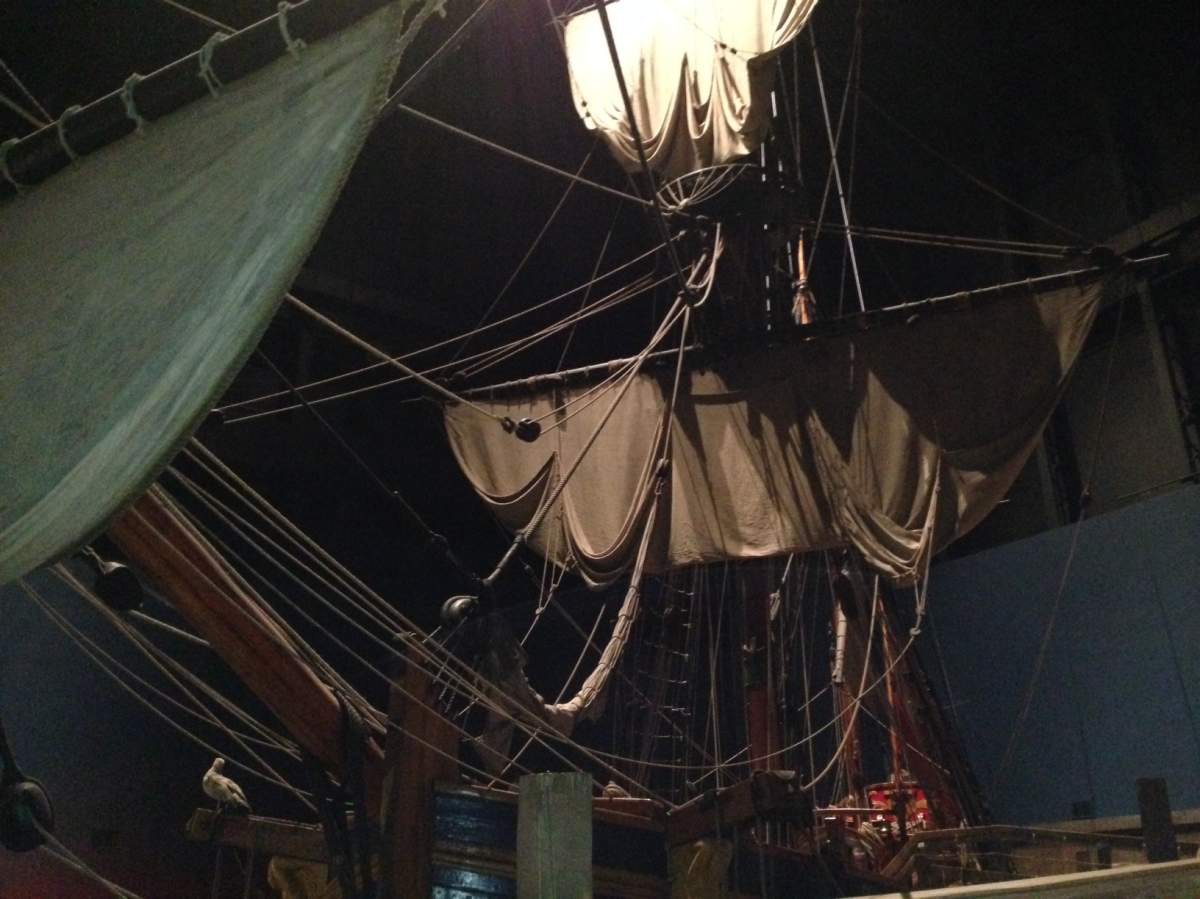 The sound of seagulls and waves plays in the background and faux storefronts along one wall are made to look like merchant outlets of the 17th century in the Nonsuch gallery at the Manitoba Museum.