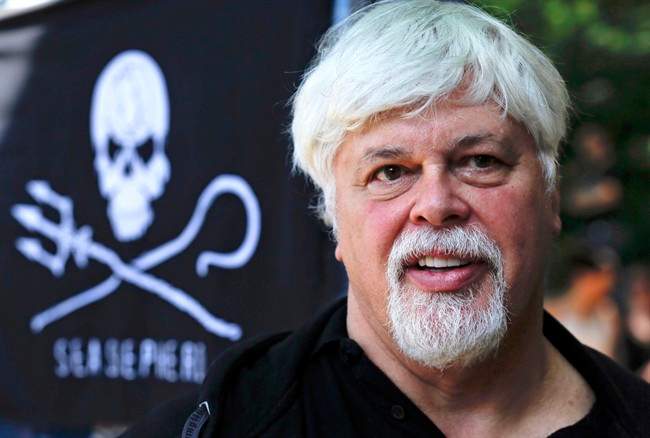 In this May 23, 2012 file picture Paul Watson, founder and President of the animal rights and environmental group Sea Shepherd Conservation takes part in a demonstration against the Costa Rican government near Germany's Presidential residence during a visit of Costa Rica's president Laura Chinchilla in Berlin, Germany. 