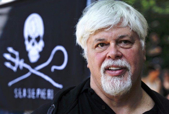 In this May 23, 2012 file picture Paul Watson, founder and President of the animal rights and environmental group Sea Shepherd Conservation takes part in a demonstration against the Costa Rican government near Germany's Presidential residence during a visit of Costa Rica's president Laura Chinchilla in Berlin, Germany. 